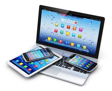 Mobile devices, wireless communication technology and internet web concept: business laptop or office notebook, tablet computer PC and modern black glossy touchscreen smartphones with colorful application interfaces isolated on white background
