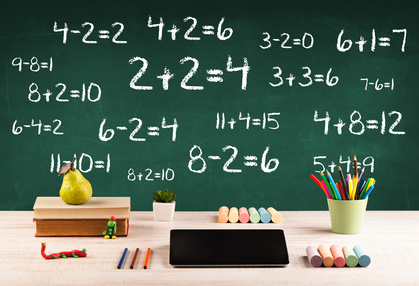 Going back to school concept with blackboard full of numbers and a busy student desk